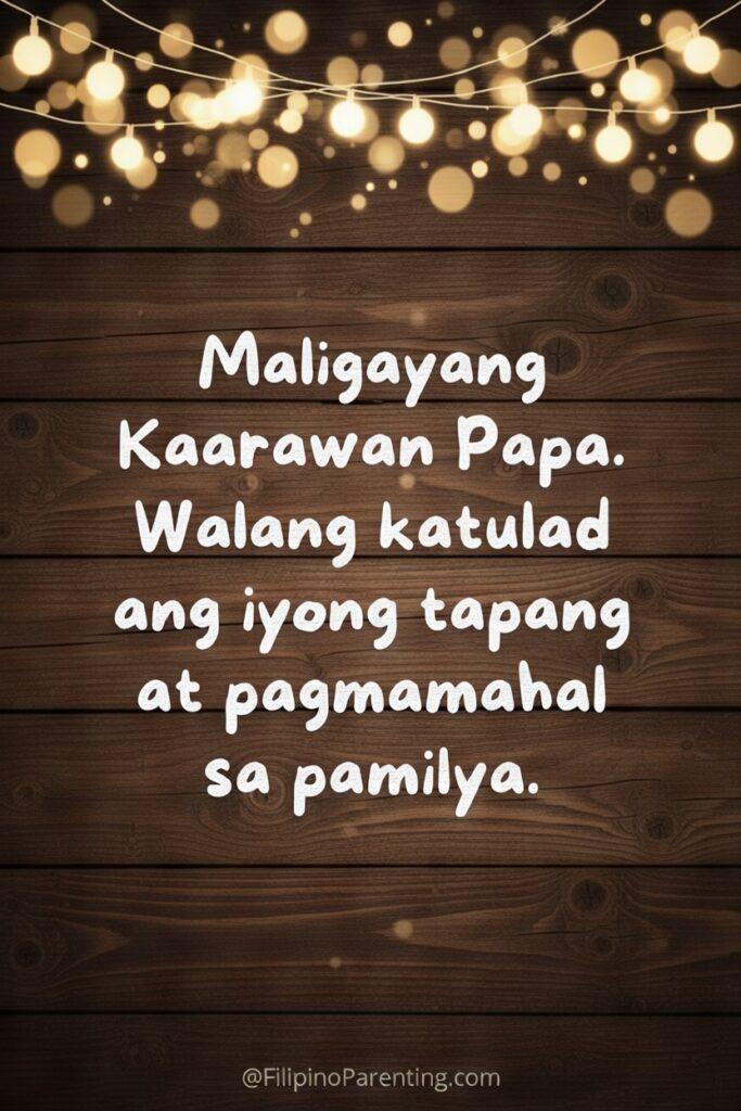 Maligayang Kaarawan Papa: 25 Heartfelt Birthday Messages, Prayers, and Quotes Maligayang Kaarawan Papa birthday greeting card with warm wooden background and glowing string lights, featuring a heartfelt Filipino message honoring a father’s courage and love for the family. Inspirational birthday quote for Tatay, perfect for social media greetings, printable cards, family tributes, and meaningful birthday celebrations.
