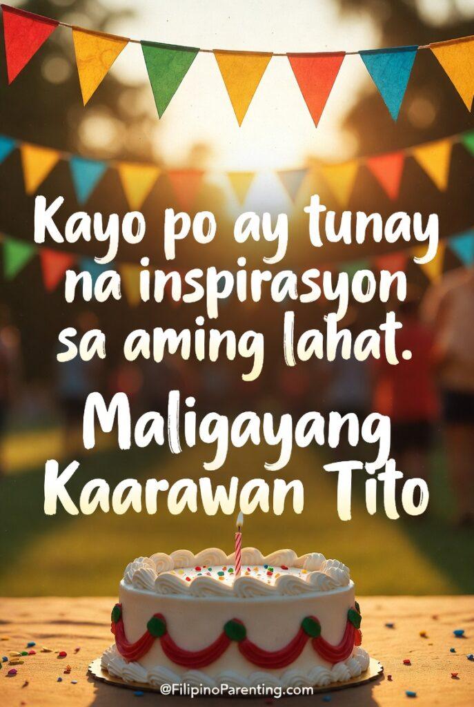 Maligayang Kaarawan Tito: 20 Heartfelt Birthday Messages, Prayers, and Quotes Heartwarming Filipino birthday greeting for Tito featuring a festive cake with candle, colorful bunting flags, and a heartfelt message of inspiration and appreciation. Perfect for family birthday tributes, social media posts, greeting cards, and Filipino parenting blogs celebrating love, gratitude, and family bonds. “Maligayang Kaarawan Tito” inspirational Filipino birthday message displayed above a birthday cake with a candle, colorful party flags, and a warm outdoor celebration background.