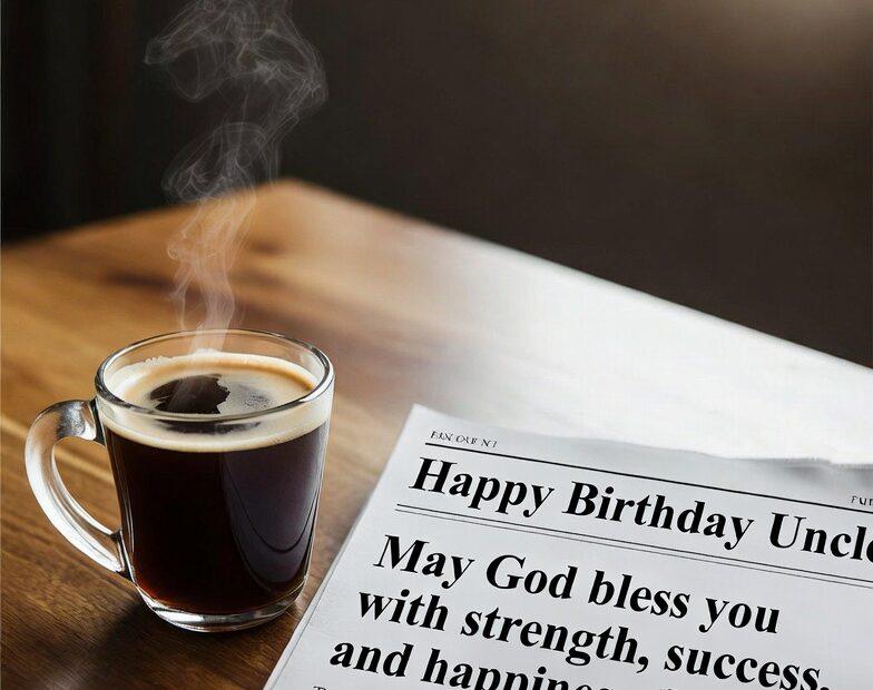 Elegant birthday greeting for Uncle (Tito) featuring a warm cup of coffee beside a newspaper-style “Happy Birthday” message wishing strength, success, and happiness. This classy and heartfelt birthday tribute is perfect for social media posts, digital greeting cards, and blog content celebrating family, love, and appreciation.