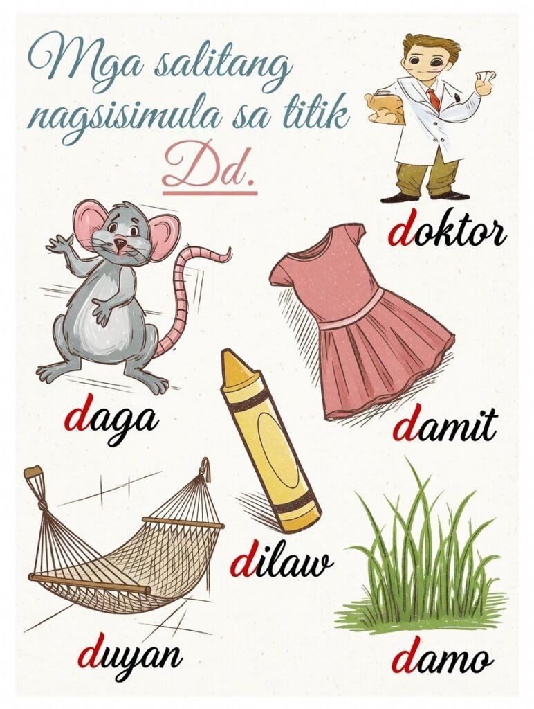 25 Useful Tagalog Words Starting With the Letter D (Easy Letra D Guide) Tagalog words starting with the letter D chart featuring daga, doktor, damit, dilaw, duyan, and damo