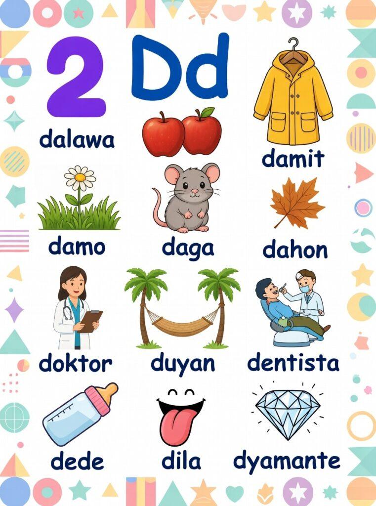 25 Useful Tagalog Words Starting With the Letter D (Easy Letra D Guide) Tagalog words starting with the letter D illustrated chart featuring dalawa, damit, damo, daga, dahon, doktor, duyan, dentista, dede, dila, and dyamante.