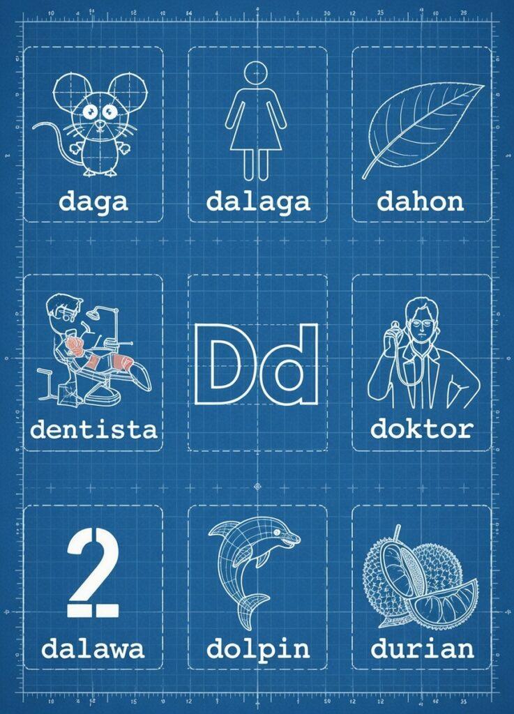 25 Useful Tagalog Words Starting With the Letter D (Easy Letra D Guide) Tagalog words starting with the letter D blueprint featuring daga, dalaga, dahon, dentista, doktor, dalawa, dolpin, and durian.