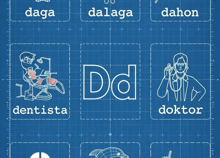 Tagalog words starting with the letter D blueprint featuring daga, dalaga, dahon, dentista, doktor, dalawa, dolpin, and durian.