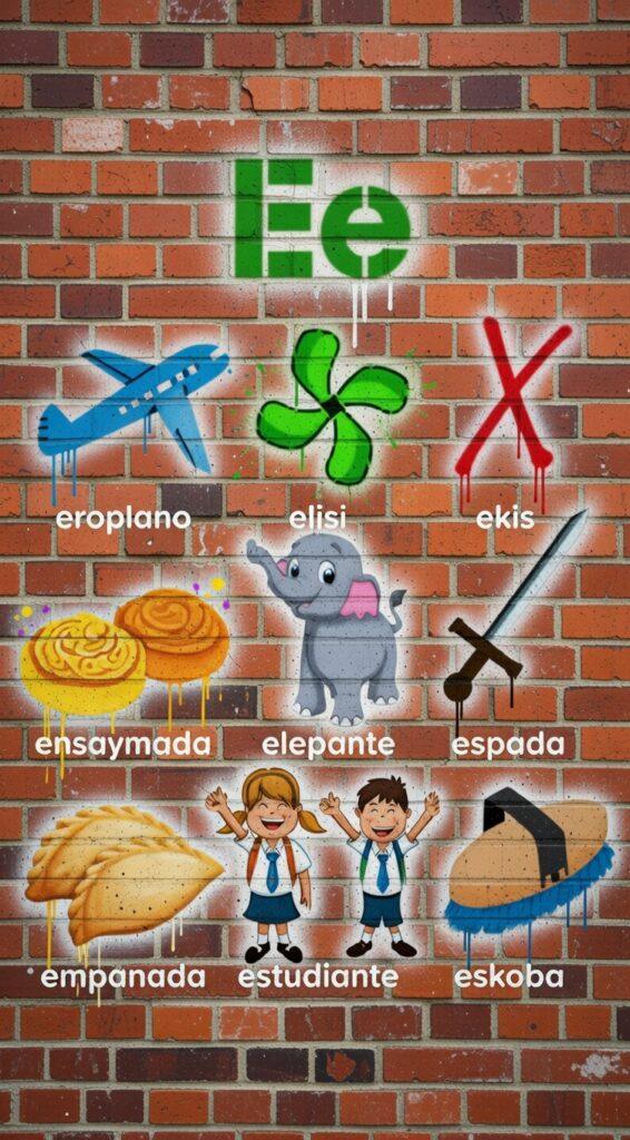 20+ Useful Tagalog Words Starting With the Letter E (Easy Letra E Guide) Tagalog words starting with the letter E illustrated on a brick wall featuring eroplano, elisi, ekis, ensaymada, elepante, espada, empanada, estudyante, and eskoba.