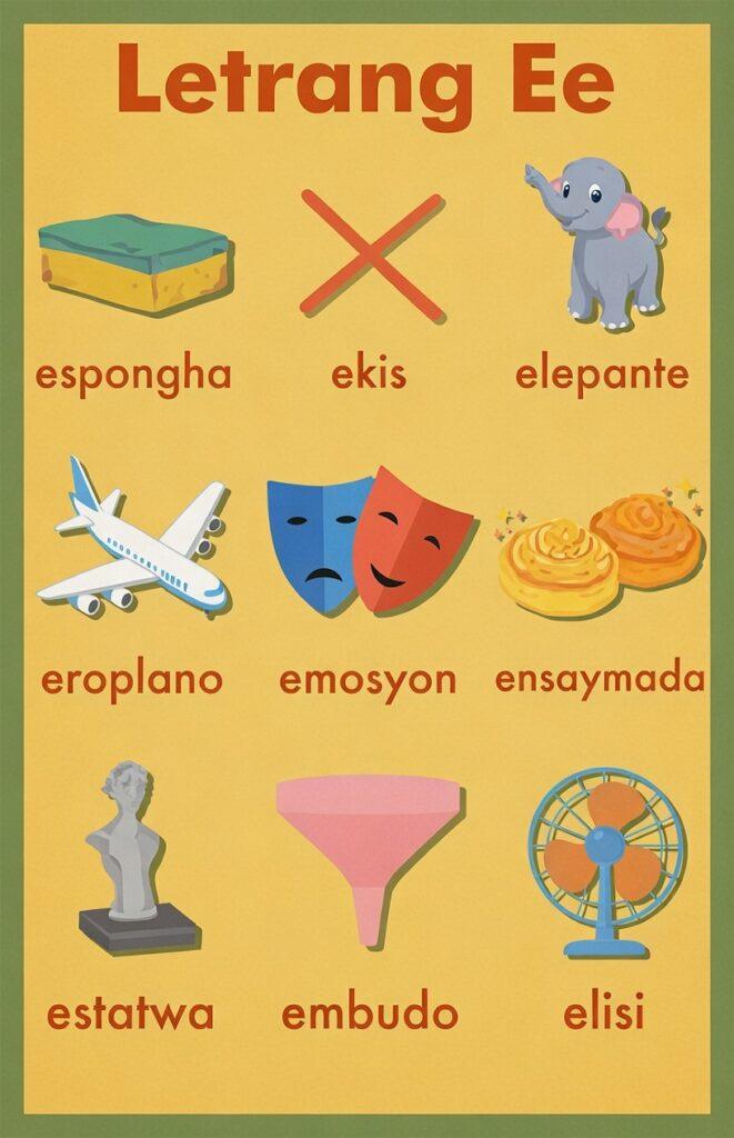 20+ Useful Tagalog Words Starting With the Letter E (Easy Letra E Guide) Tagalog words starting with the letter E vocabulary chart featuring espongha, ekis, elepante, eroplano, emosyon, ensaymada, estatwa, embudo, and elisi.