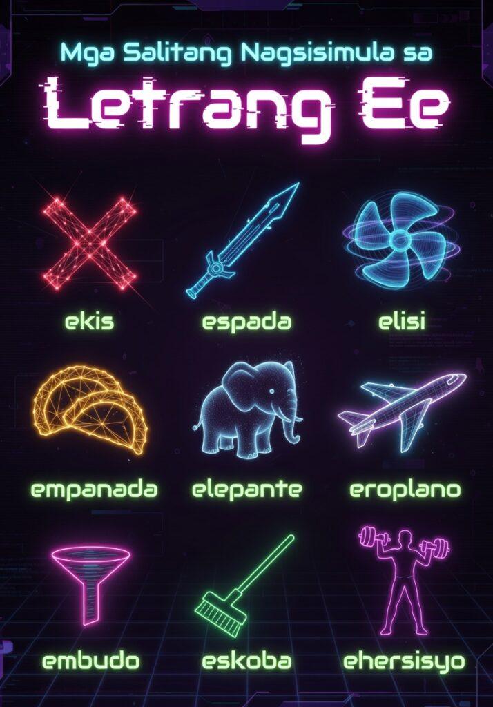 20+ Useful Tagalog Words Starting With the Letter E (Easy Letra E Guide) Tagalog words starting with the letter E vocabulary chart in a neon style featuring ekis, espada, elisi, empanada, elepante, eroplano, embudo, eskoba, and ehersisyo.