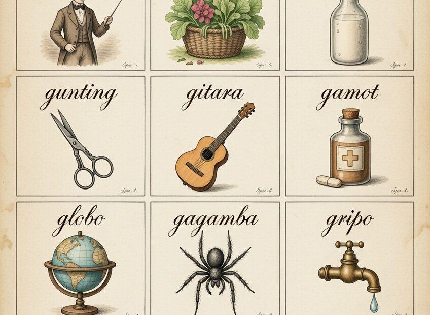 Letra G Tagalog vocabulary guide featuring gulay, gatas, and guro for beginners and families.