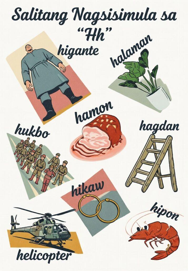 25+ Essential Tagalog Words Starting With Letter H (Easy Letra H Guide) A vintage-style educational chart showing Tagalog words starting with letter h including higante, halaman, hamon, and helicopter