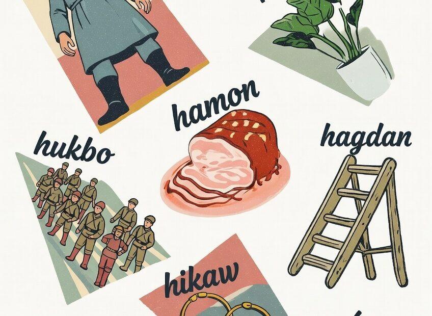 A vintage-style educational chart showing Tagalog words starting with letter h including higante, halaman, hamon, and helicopter