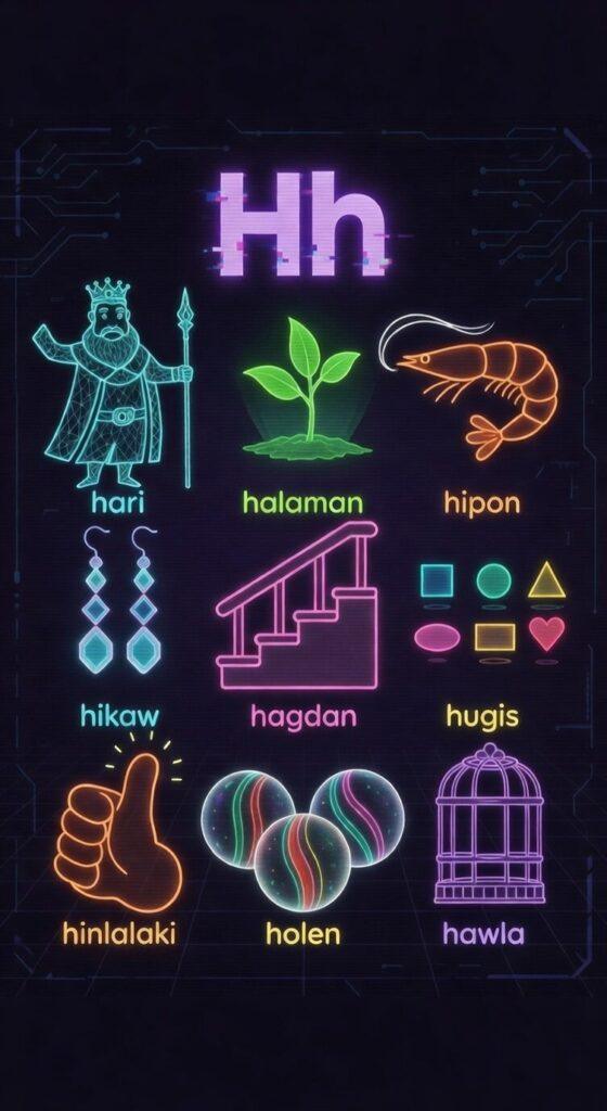 25+ Essential Tagalog Words Starting With Letter H (Easy Letra H Guide) A neon-style educational chart for Tagalog words starting with letter h including hari halaman and hipon