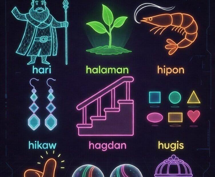 A neon-style educational chart for Tagalog words starting with letter h including hari halaman and hipon