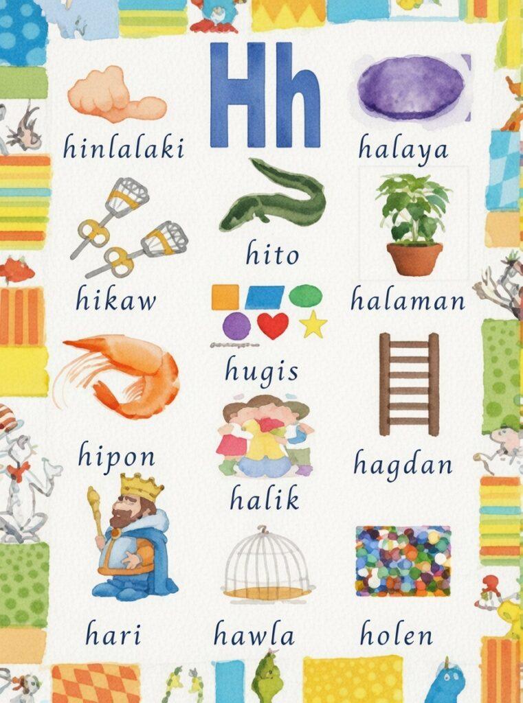 25+ Essential Tagalog Words Starting With Letter H (Easy Letra H Guide) A watercolor-style educational chart for Tagalog words starting with letter h including halaya hito and halik