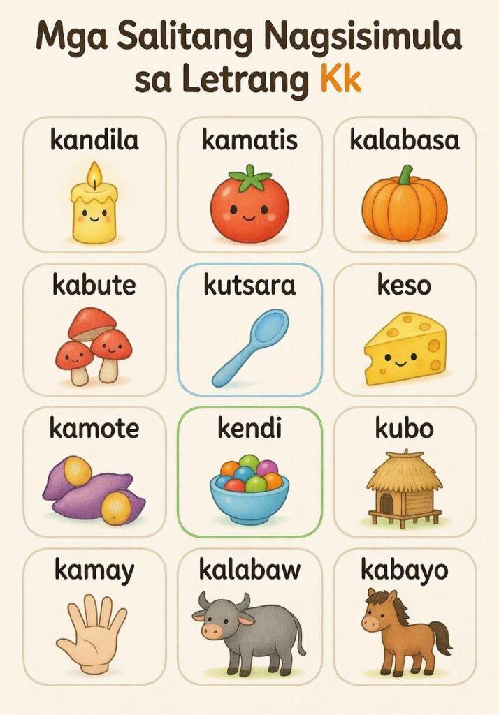 50 Useful Tagalog Words Starting With Letter K (Easy Filipino Vocabulary Guide) A colorful educational chart showing Tagalog words starting with letter k including kandila kamatis kalabasa and kalabaw
