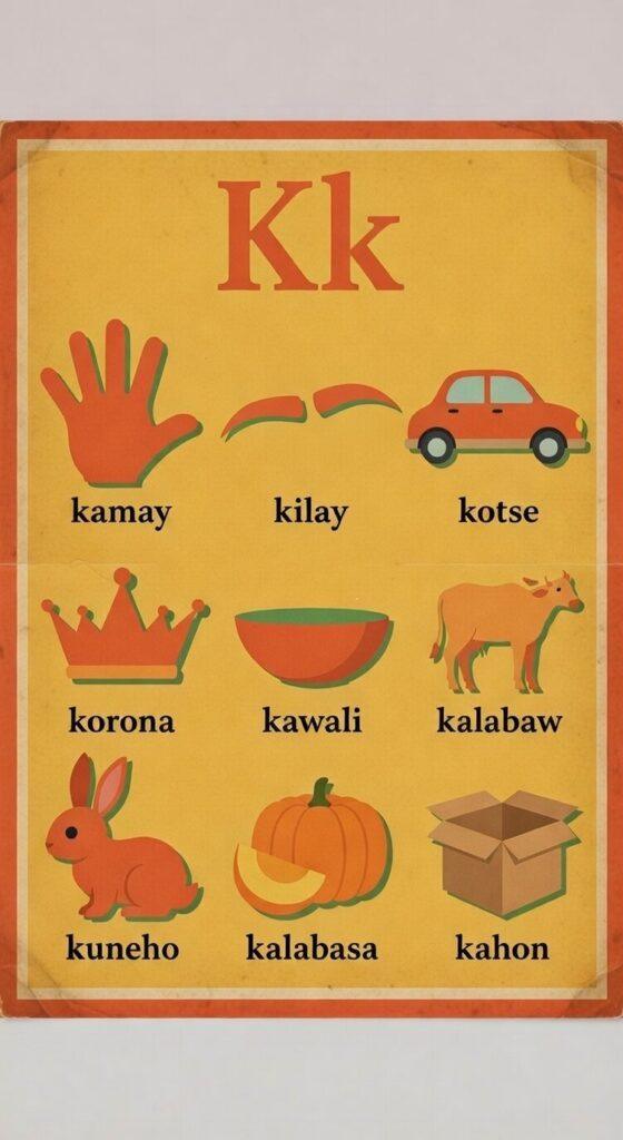 50 Useful Tagalog Words Starting With Letter K (Easy Filipino Vocabulary Guide) A vintage style educational poster for Tagalog words starting with letter k featuring a hand a car a rabbit and a carabao