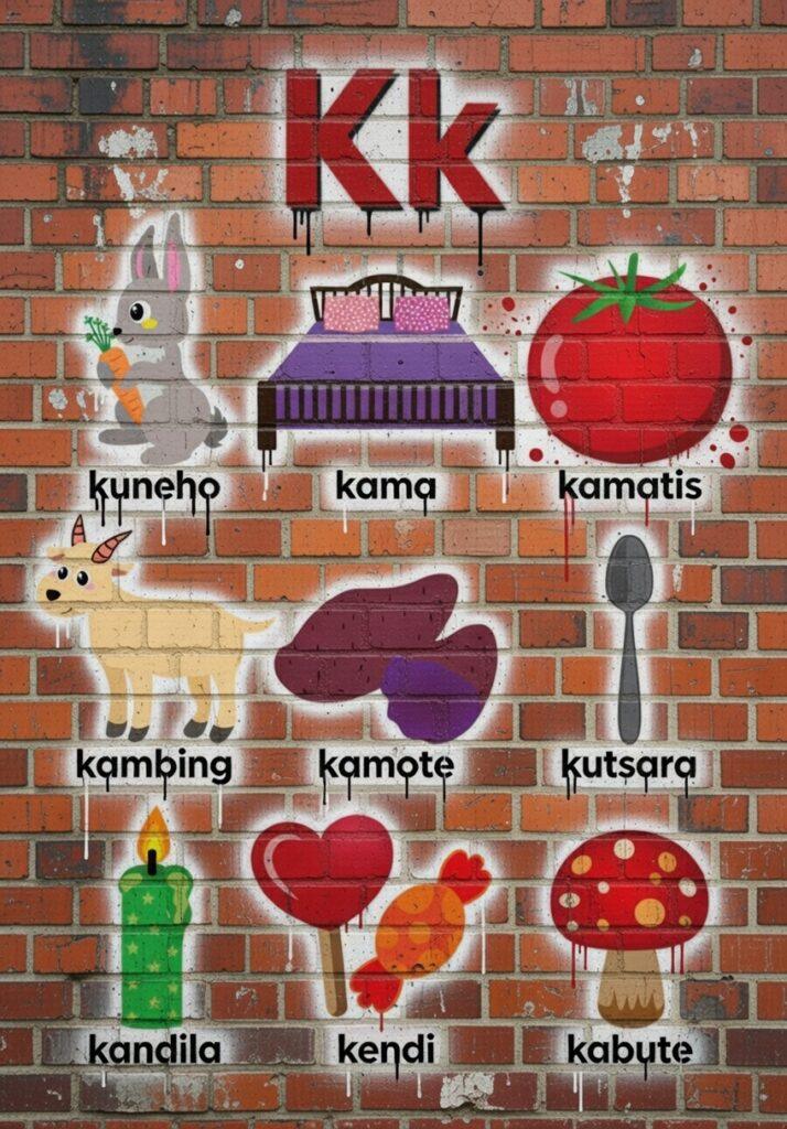 50 Useful Tagalog Words Starting With Letter K (Easy Filipino Vocabulary Guide) A graffiti style educational brick wall featuring Tagalog words starting with letter k like kama kuneho and kambing