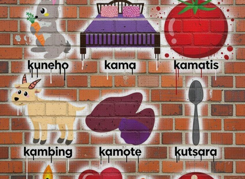 A graffiti style educational brick wall featuring Tagalog words starting with letter k like kama kuneho and kambing