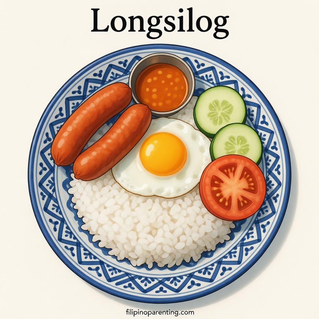 12 Types of Silog: Filipino Breakfast Favorites Explained (With Chart) A colorful Longsilog illustration highlighting sweet longganisa sausages paired with garlic rice and a sunny‑side egg, rendered in gentle pastel anime style.