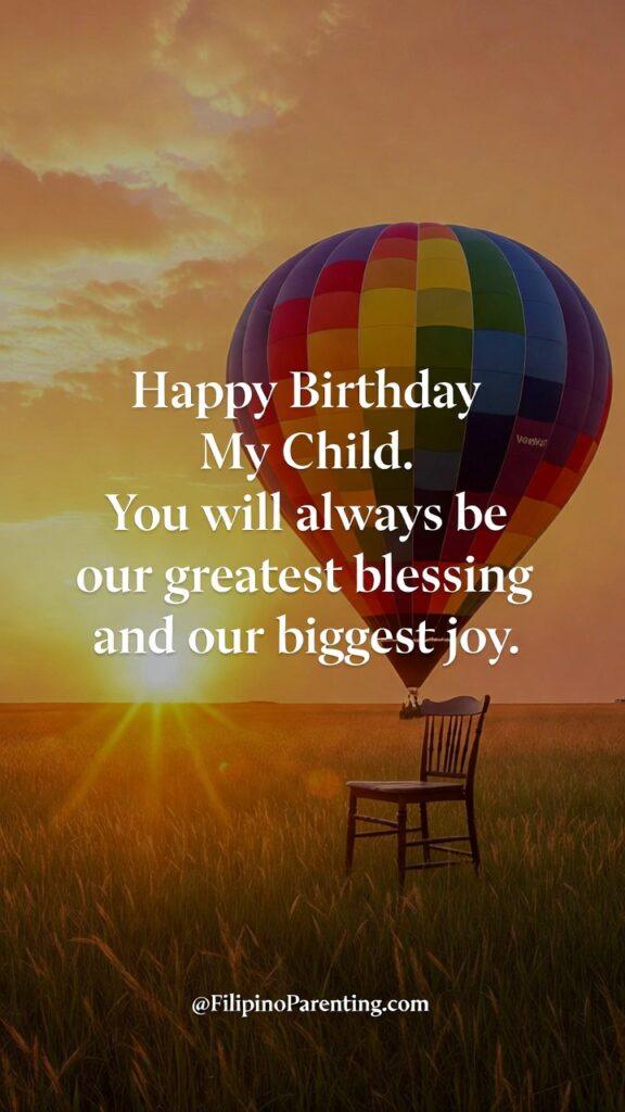Maligayang Kaarawan Anak Ko: 20 Heartfelt Birthday Messages, Wishes, and Quotes Uplifting “Happy Birthday My Child” image featuring a colorful hot air balloon at sunset with a heartfelt message of love and gratitude—perfect for parents sharing meaningful birthday wishes, blessings, and joyful greetings on social media or digital cards. 🎈🌅💛
