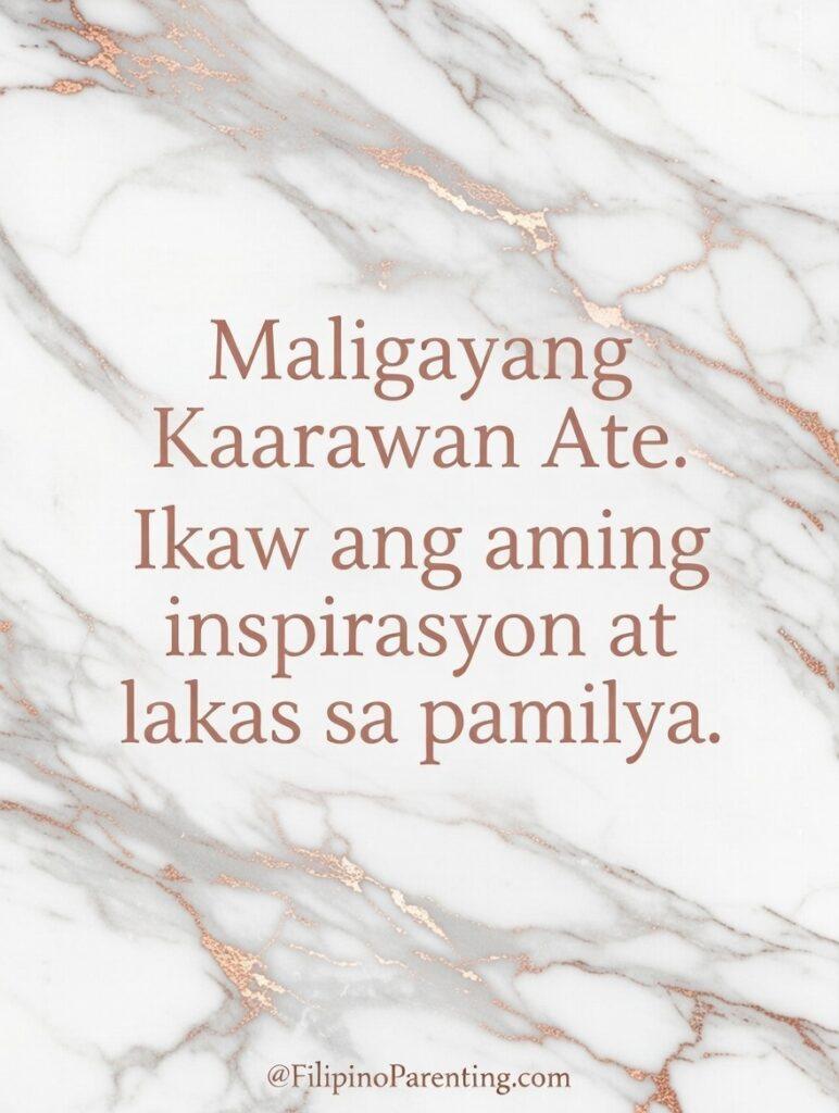 Maligayang Kaarawan Ate: 25 Heartfelt Birthday Messages, Prayers, and Quotes An elegant and modern Filipino birthday card featuring the Tagalog message: 'Maligayang Kaarawan Ate. Ikaw ang aming inspirasyon at lakas sa pamilya.' (Happy Birthday Sister. You are our inspiration and strength in the family.) The design uses refined rose gold typography set against a luxurious white marble background with copper-toned veining. This sophisticated graphic is perfect for honoring an 'Ate' who serves as a pillar of the family, blending high-end design with traditional Filipino values.