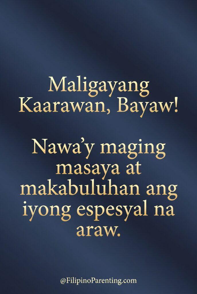 25+ Best Ways to Say Maligayang Kaarawan Bayaw: The Ultimate Guide Elegant Tagalog birthday greeting card for a brother-in-law (bayaw) featuring gold serif typography on a sophisticated dark navy blue gradient background. The text reads 'Maligayang Kaarawan, Bayaw! Nawa’y maging masaya at makabuluhan ang iyong espesyal na araw,' conveying heartfelt wishes for a meaningful and happy celebration. Ideal for Filipino family birthday greetings and social media sharing.