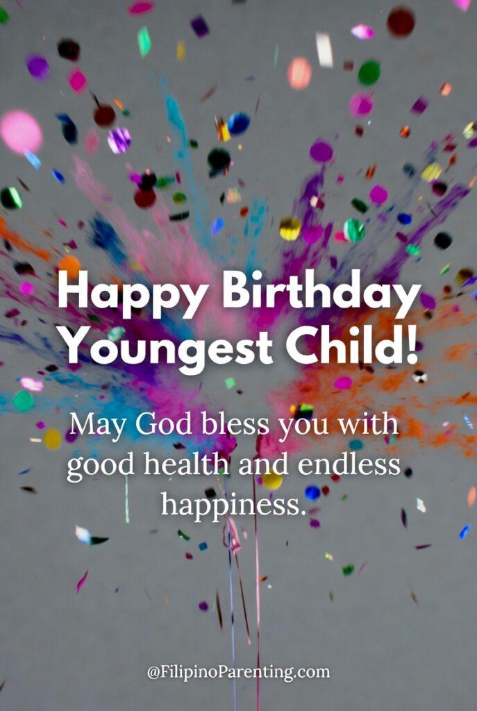 Maligayang Kaarawan Bunso: 20 Heartfelt Birthday Messages, Prayers, and Quotes Make your Bunso’s day special! Explore our portrait birthday posters featuring "Happy Birthday Youngest Child" in vibrant designs. Exclusively from FilipinoParenting.