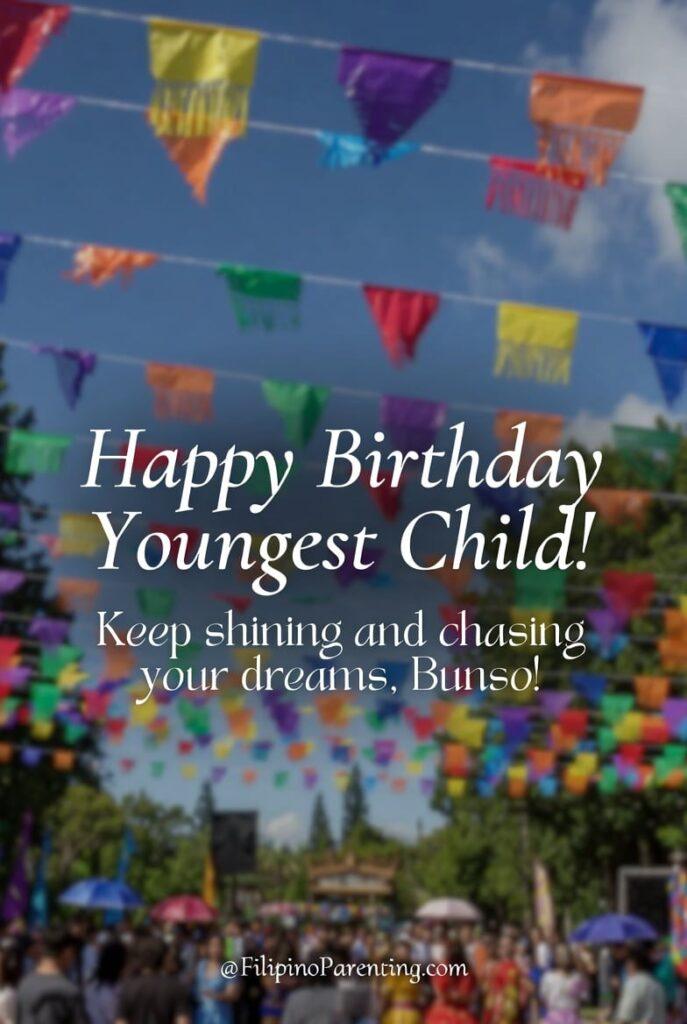 50 Happy Birthday in Tagalog: Words, Greetings, and Examples (Maligayang Kaarawan & Kapanganakan Happy Birthday Youngest Child greeting card featuring vibrant confetti bursts and a joyful celebration background. Heartwarming birthday message for bunso with the blessing, “May God bless you with good health and endless happiness.” Perfect birthday image for youngest son or daughter, ideal for social media posts, digital greetings, and family birthday celebrations.