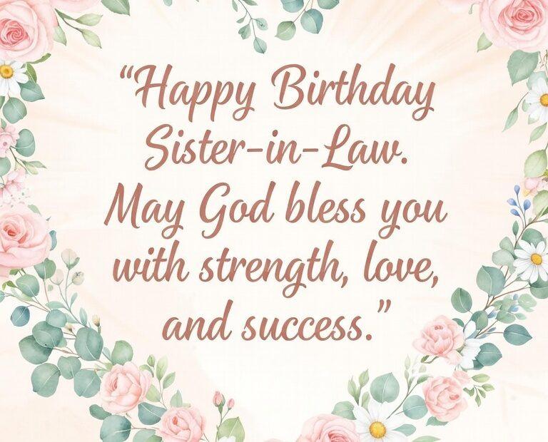 Elegant floral Happy Birthday Sister-in-Law card with soft roses and greenery, featuring a heartfelt Christian blessing of strength, love, and success.