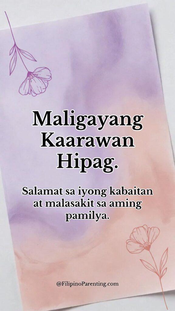 Maligayang Kaarawan Hipag: 25 Heartfelt Birthday Messages, Prayers, and Quotes Celebrate your sister-in-law with this elegant “Maligayang Kaarawan Hipag” birthday poster featuring a soft purple and peach watercolor background, delicate floral line art, and a heartfelt Filipino message: “Salamat sa iyong kabaitan at malasakit sa aming pamilya.” A beautiful and meaningful birthday greeting card design for hipag, perfect for social media sharing, printable cards, or family tributes. Includes subtle branding @FilipinoParenting.com at the bottom for a polished finish.