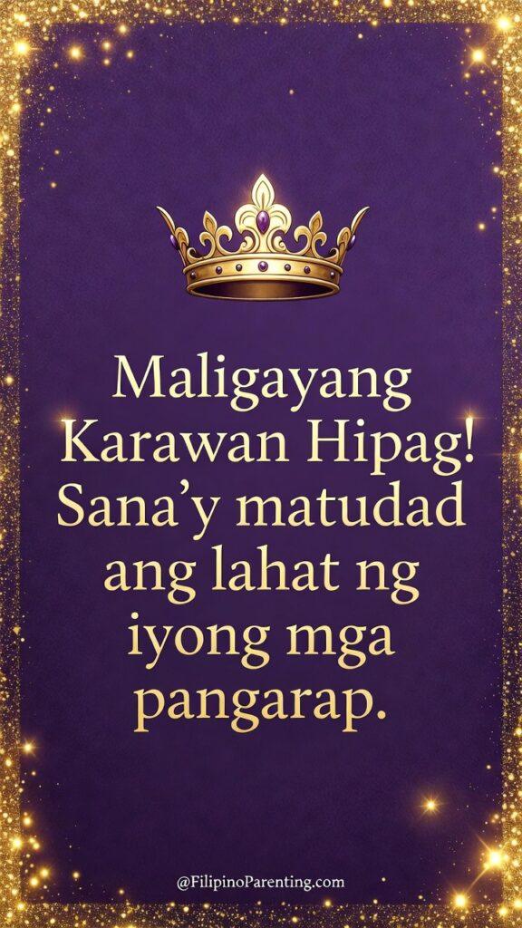 Maligayang Kaarawan Hipag: 25 Heartfelt Birthday Messages, Prayers, and Quotes Maligayang Kaarawan Hipag: Elegant purple and gold birthday greeting card for sister-in-law (Hipag) featuring a royal crown design and heartfelt Filipino message of love and wishes.