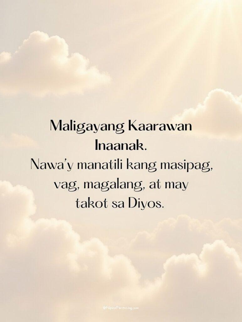 Maligayang Kaarawan Inaanak: 20 Heartfelt Birthday Messages, Wishes, and Quotes Heartfelt “Maligayang Kaarawan Inaanak” Tagalog birthday message with soft cloud background—an inspirational Filipino godparent greeting wishing diligence, respect, faith in God, and continued blessings. Perfect for birthday cards and social media posts.