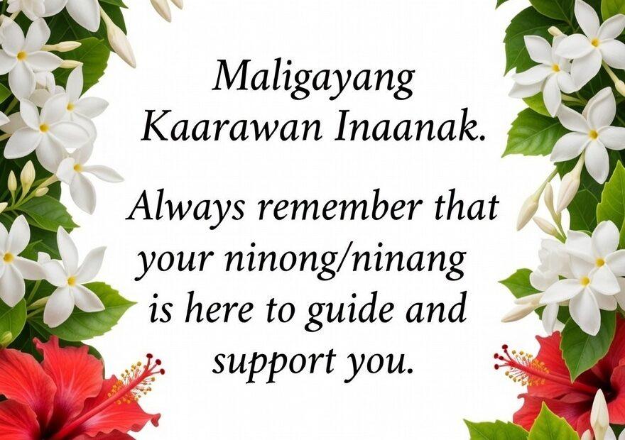 Beautiful “Maligayang Kaarawan Inaanak” birthday quote featuring vibrant hibiscus and sampaguita floral border—heartfelt Filipino godparent message reminding your godchild of love, guidance, and support. Perfect for birthday cards, social media greetings, and ninong/ninang wishes.