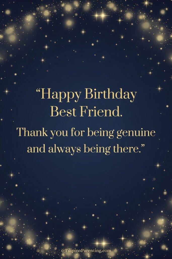 Maligayang Kaarawan Matalik na Kaibigan: 25 Heartfelt Birthday Messages, Prayers, and Quotes This image is an elegant digital birthday greeting card designed for a best friend, featuring a sophisticated aesthetic and a message of gratitude. It is ideal for social media posts, digital messages, or as a template for a heartfelt birthday wish. The card features a celebratory "starry night" theme. The layout uses golden serif typography centered against a deep navy blue background, framed by a circular border of sparkling bokeh lights and stars.