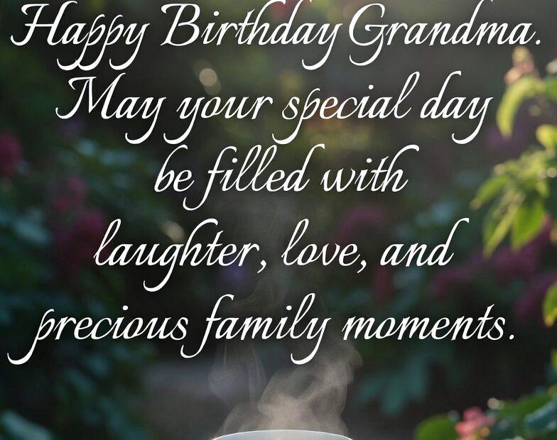Heartwarming Happy Birthday Grandma greeting featuring a serene garden backdrop with a vintage teacup and soft morning light. The message reads, “Happy Birthday Grandma. May your special day be filled with laughter, love, and precious family moments.” Perfect for printable birthday cards, social media posts, Pinterest shares, and meaningful grandmother birthday tributes celebrating love and family.