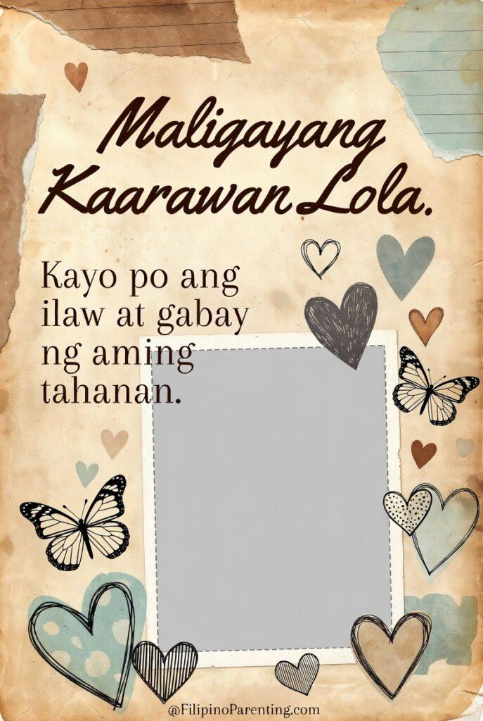 Maligayang Kaarawan Lola: 25 Heartfelt Birthday Messages, Prayers, and Quotes Vintage-style Filipino birthday card template for Lola featuring the message “Maligayang Kaarawan Lola. Kayo po ang ilaw at gabay ng aming tahanan.” Designed with soft pastel hearts, butterflies, and a central photo frame placeholder, this printable tribute layout is perfect for personalized grandma birthday greetings, DIY family photo gifts, and heartfelt Filipino celebration designs.