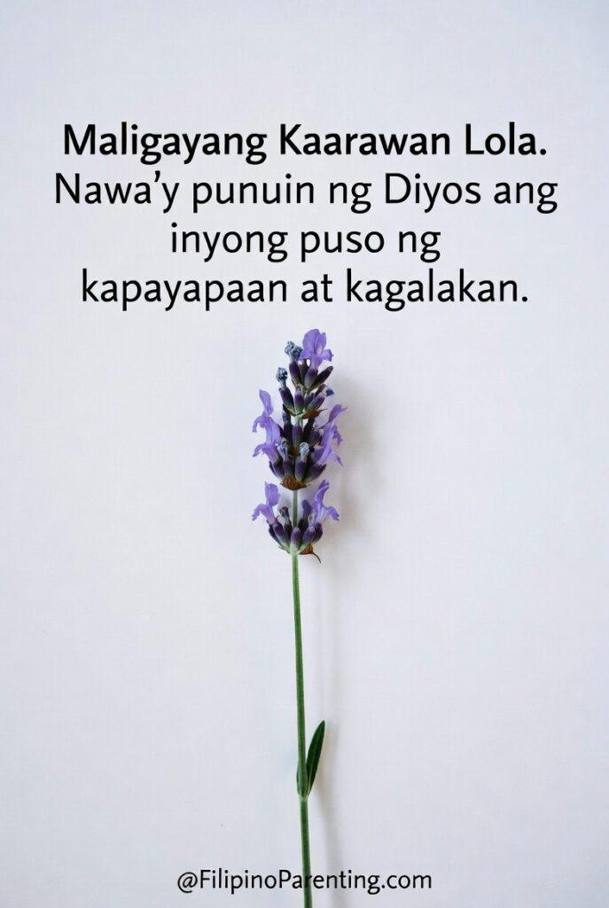 Maligayang Kaarawan Lola: 25 Heartfelt Birthday Messages, Prayers, and Quotes Minimalist Filipino birthday greeting for Lola featuring the message “Maligayang Kaarawan Lola. Nawa’y punuin ng Diyos ang inyong puso ng kapayapaan at kagalakan.” Set against a clean white background with a delicate purple lavender flower, this elegant and faith-inspired design is perfect for printable grandma birthday cards, social media greetings, and heartfelt Filipino family celebrations.