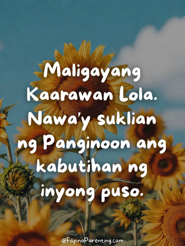50 Happy Birthday in Tagalog: Words, Greetings, and Examples (Maligayang Kaarawan & Kapanganakan A vibrant sunflower field paired with a heartfelt Filipino birthday message for a beloved grandmother. This warm, faith‑inspired greeting card expresses gratitude, love, and blessings—perfect for sharing on social media or sending as a touching tribute on a grandmother’s special day.