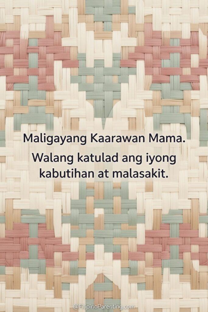 Maligayang Kaarawan Mama: 25 Heartfelt Birthday Messages, Prayers, and Quotes Traditional Filipino birthday greeting card for Mom featuring a colorful woven banig (mat) background with a heartfelt Tagalog message: “Maligayang Kaarawan Mama. Walang katulad ang iyong kabutihan at malasakit.” A meaningful birthday quote honoring a mother’s kindness and care—perfect for social media greetings, printable cards, and cultural birthday tributes celebrating Filipino family values.