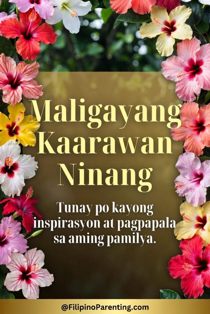 Maligayang Kaarawan Ninang: 20 Heartfelt Birthday Messages, Wishes, and Quotes A vibrant Filipino birthday greeting card for a godmother (Ninang) featuring a lush border of colorful hibiscus flowers in shades of red, pink, yellow, and white. The elegant gold-toned background displays the Tagalog text, 'Maligayang Kaarawan Ninang' and a heartfelt message, 'Tunay po kayong inspirasyon at pagpapala sa aming pamilya,' celebrating her as a true inspiration and blessing to the family.