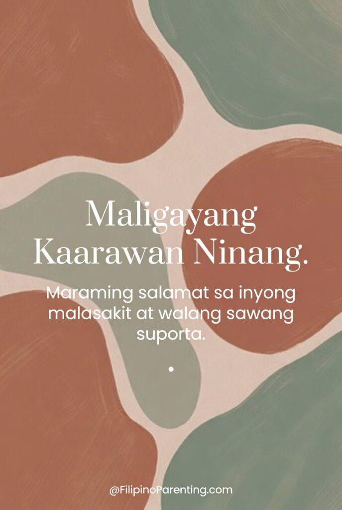 Maligayang Kaarawan Ninang: 20 Heartfelt Birthday Messages, Wishes, and Quotes An artistic Filipino birthday greeting card for a godmother (Ninang) featuring a contemporary background of abstract organic shapes in earthy terracotta, sage green, and muted clay tones. The card displays the white Tagalog text, 'Maligayang Kaarawan Ninang,' alongside the grateful message, 'Maraming salamat sa inyong malasakit at walang sawang suporta,' thanking her for her deep care and endless support.