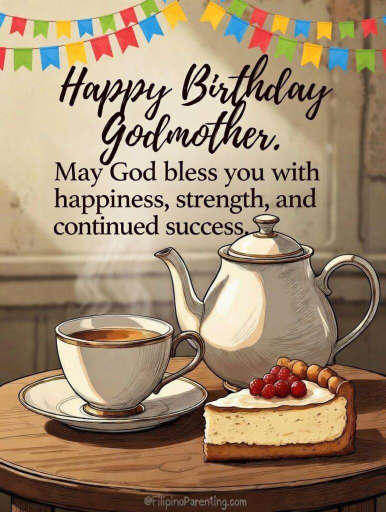 Maligayang Kaarawan Ninang: 20 Heartfelt Birthday Messages, Wishes, and Quotes A warm and inviting birthday greeting card for a godmother featuring a charming illustration of a tea set and a slice of cheesecake on a wooden table. The scene is decorated with festive colorful bunting flags at the top. The card includes the English message, ‘Happy Birthday Godmother. May God bless you with happiness, strength, and continued success,’ offering a sophisticated and prayerful birthday wish.