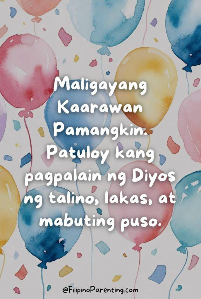 Maligayang Kaarawan Pamangkin: 20 Heartfelt Birthday Messages, Wishes, and Quotes A charming and artistic Filipino birthday card featuring the Tagalog blessing: 'Maligayang Kaarawan Pamangkin. Patuloy kang pagpalain ng Diyos ng talino, lakas, at mabuting puso.' (Happy Birthday Niece/Nephew. May God continue to bless you with intelligence, strength, and a good heart.) The background is a beautiful watercolor painting of floating blue, pink, and yellow balloons surrounded by soft confetti. This heartwarming graphic is perfect for relatives wishing to share a message of faith and love with their pamangkin on their special day.