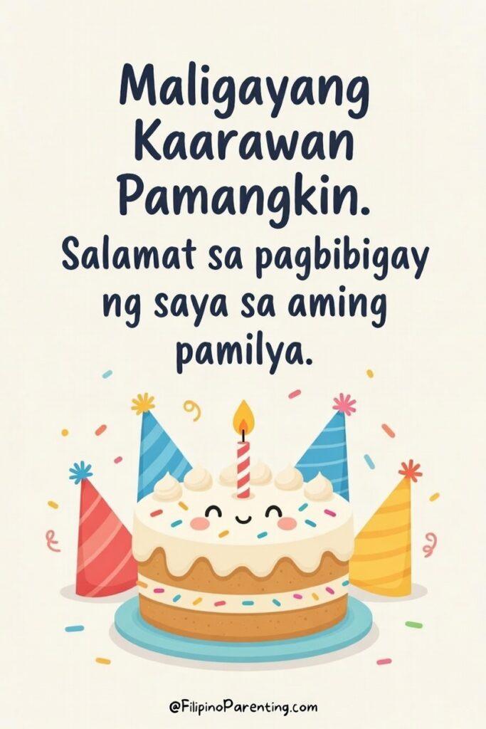 Maligayang Kaarawan Pamangkin: 20 Heartfelt Birthday Messages, Wishes, and Quotes A cheerful and cute Filipino birthday card featuring the Tagalog text: 'Maligayang Kaarawan Pamangkin. Salamat sa pagbibigay ng saya sa aming pamilya.' (Happy Birthday Niece/Nephew. Thank you for bringing joy to our family.) The illustration features a smiling, 'kawaii' style birthday cake with a lit candle, flanked by colorful striped party hats and vibrant confetti. This playful and affectionate graphic is perfect for aunts and uncles looking to send a sweet 'Maligayang Kaarawan' message to a pamangkin who brings happiness to the whole family.