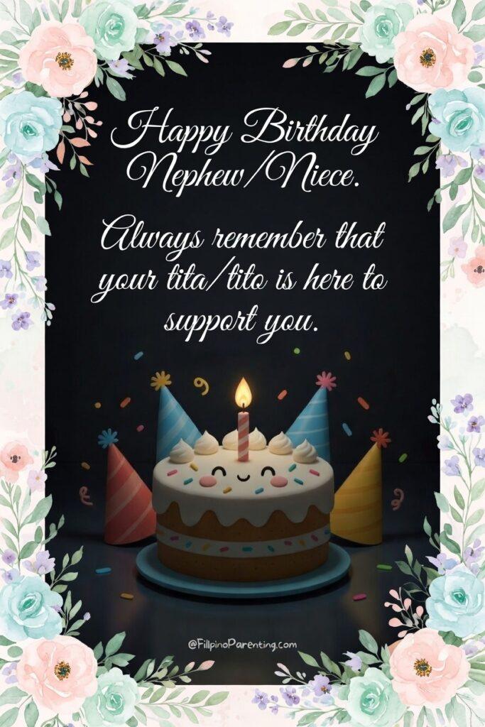 Maligayang Kaarawan Pamangkin: 20 Heartfelt Birthday Messages, Wishes, and Quotes A beautiful and sentimental birthday greeting card for a nephew or niece, featuring the English text: 'Happy Birthday Nephew/Niece. Always remember that your tita/tito is here to support you.' The design is framed by a soft, elegant watercolor border of pale pink and mint green roses and greenery. At the center, a charming, smiling 'kawaii' birthday cake with a glowing candle and party hats sits against a dark, contrasting background. This graphic perfectly captures the loving and supportive bond between Filipino aunts/uncles and their pamangkin.