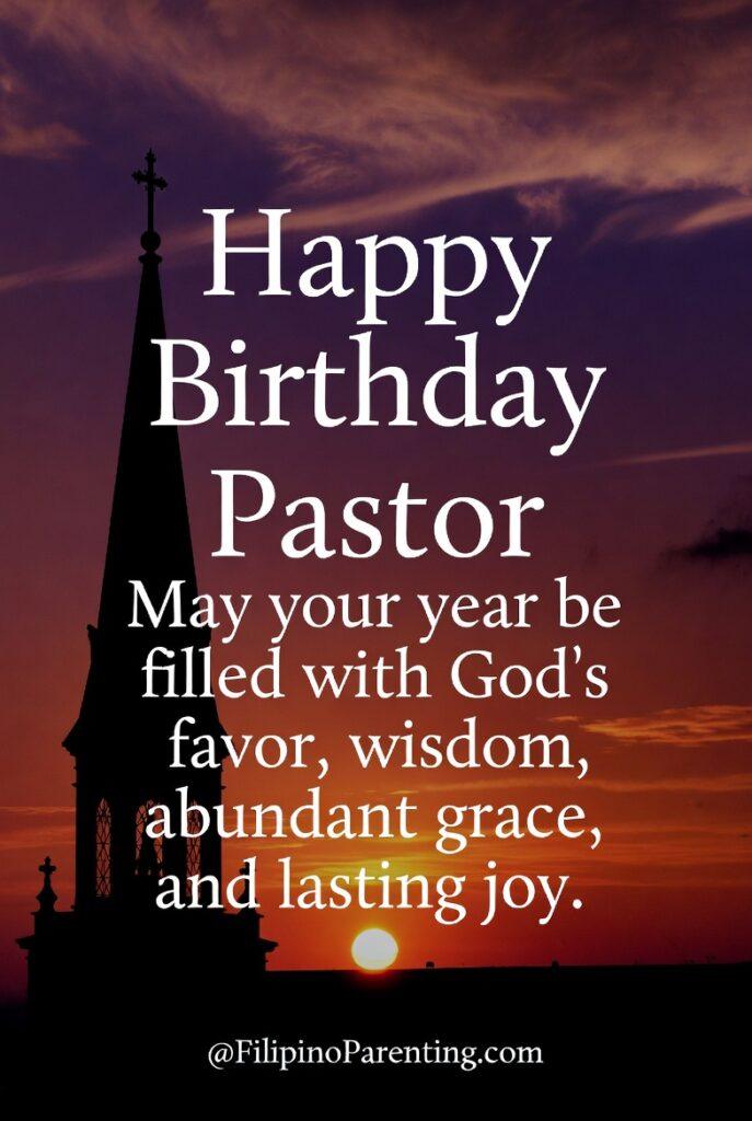 Maligayang Kaarawan Pastor: 25 Heartfelt Birthday Messages, Prayers, and Quotes An inspiring Happy Birthday Pastor greeting set against a beautiful sunset with a church silhouette. The message shares heartfelt blessings for God’s favor, wisdom, abundant grace, and lasting joy—perfect for church birthday tributes, pastoral appreciation posts, ministry celebrations, and Christian social media content.