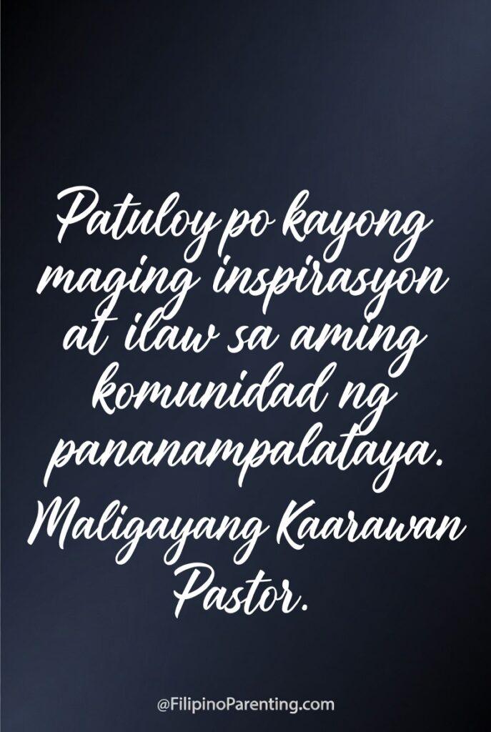 Maligayang Kaarawan Pastor: 25 Heartfelt Birthday Messages, Prayers, and Quotes An inspiring Christian birthday greeting in Tagalog dedicated to a beloved pastor. Featuring elegant script typography on a dark blue gradient background, the message expresses gratitude for spiritual inspiration, leadership, and light within the faith community—perfect for church tributes, ministry appreciation posts, and religious celebrations.