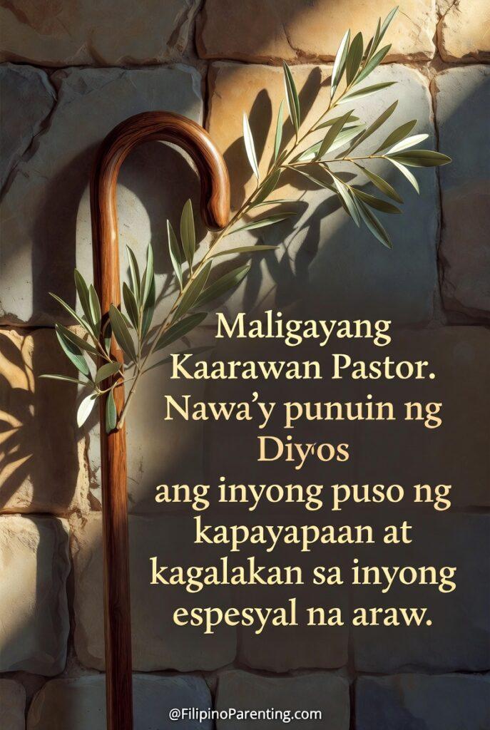 Maligayang Kaarawan Pastor: 25 Heartfelt Birthday Messages, Prayers, and Quotes A vertical artistic illustration of a shepherd’s staff leaning against a stone wall with soft olive branches. Warm, ambient lighting. Central text: "Maligayang Kaarawan Pastor. Nawa’y punuin ng Diyos ang inyong puso ng kapayapaan at kagalakan sa inyong espesyal na araw." In the bottom right corner, place "@FilipinoParenting.com" in a very small, fine-lined font.