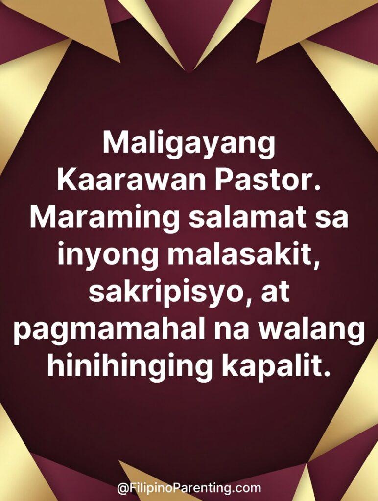 Maligayang Kaarawan Pastor: 25 Heartfelt Birthday Messages, Prayers, and Quotes A heartfelt Christian birthday message in Tagalog dedicated to a pastor, thanking them for their compassion, sacrifice, and selfless love. Designed with a striking red and gold geometric background, this inspirational graphic is perfect for church birthday tributes, pastoral appreciation posts, ministry celebrations, and faith-based social media content.