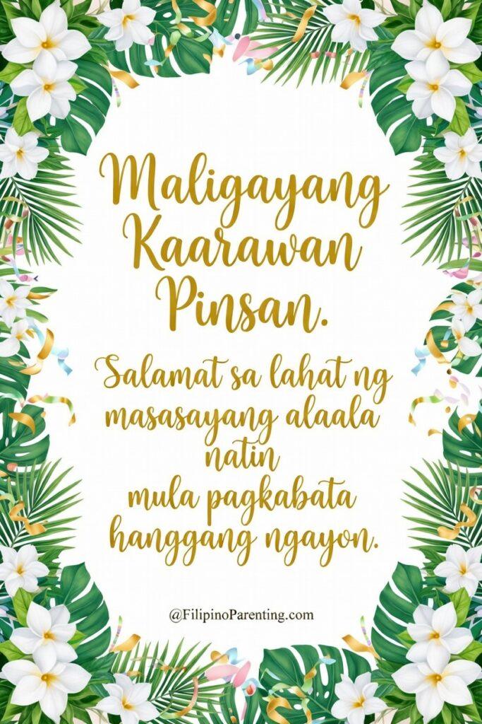 Maligayang Kaarawan Pinsan: 20 Heartfelt Birthday Messages, Wishes, and Quotes Beautiful tropical birthday greeting card in Filipino featuring the message “Maligayang Kaarawan Pinsan” with lush green palm leaves, white plumeria flowers, and gold script typography. A heartfelt Tagalog birthday message thanking a cousin for joyful childhood memories, perfect for social media posts, digital greetings, and family celebrations.