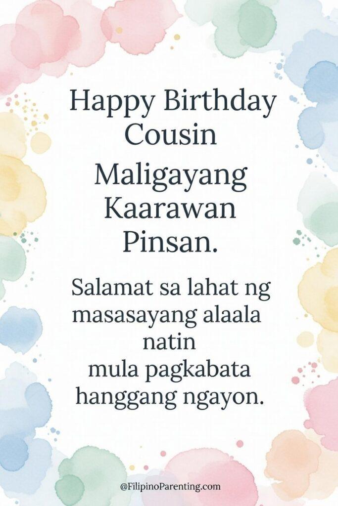 50 Happy Birthday in Tagalog: Words, Greetings, and Examples (Maligayang Kaarawan & Kapanganakan Celebrate your favorite relative with our "Happy Birthday Cousin / Maligayang Kaarawan Pinsan" poster. A fun, vibrant design perfect for any celebration. View it now!