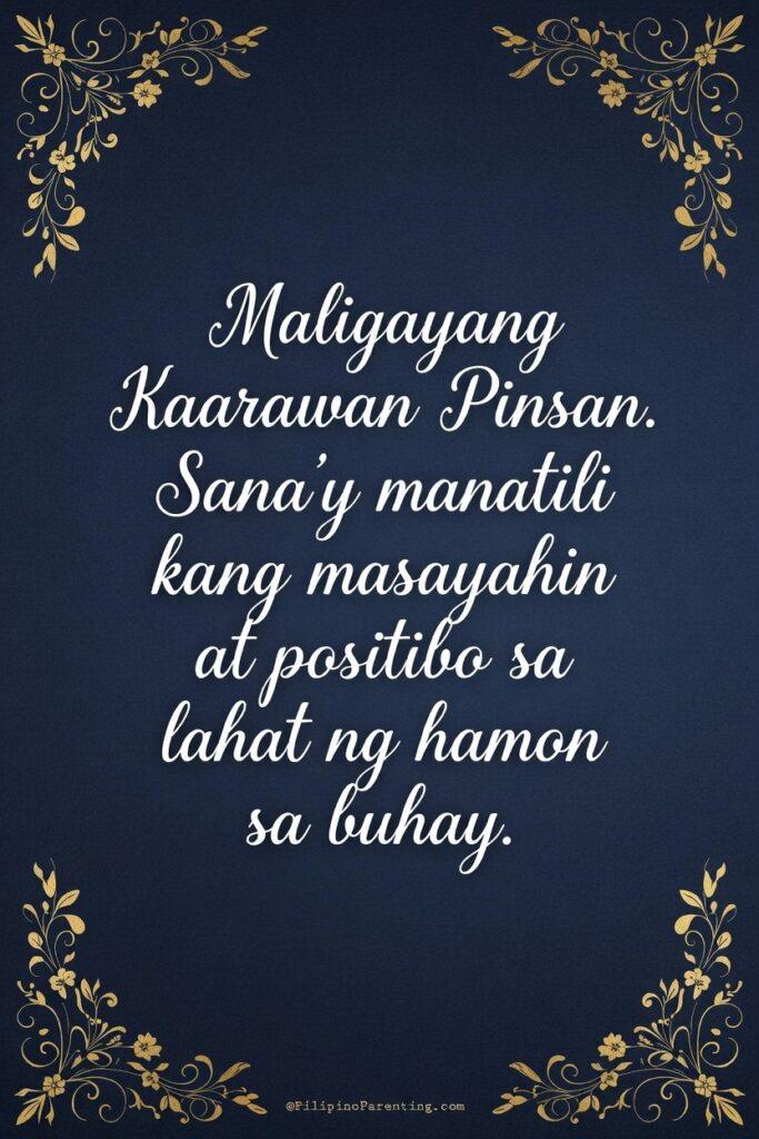 Maligayang Kaarawan Pinsan: 20 Heartfelt Birthday Messages, Wishes, and Quotes Elegant Filipino birthday greeting card featuring the message “Maligayang Kaarawan Pinsan” in graceful white script on a deep navy blue background with ornate gold floral corners. A heartfelt Tagalog birthday wish expressing positivity and happiness for a cousin, perfect for social media sharing, digital greetings, and meaningful family celebrations.
